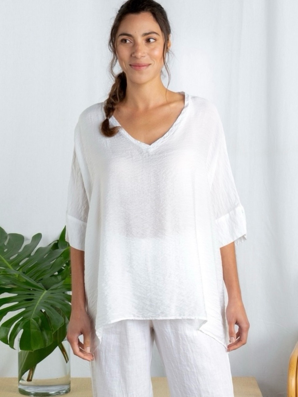 Cut Loose LagenLook V Neck Boxy Top White Parachute One Size Oversized Coastal